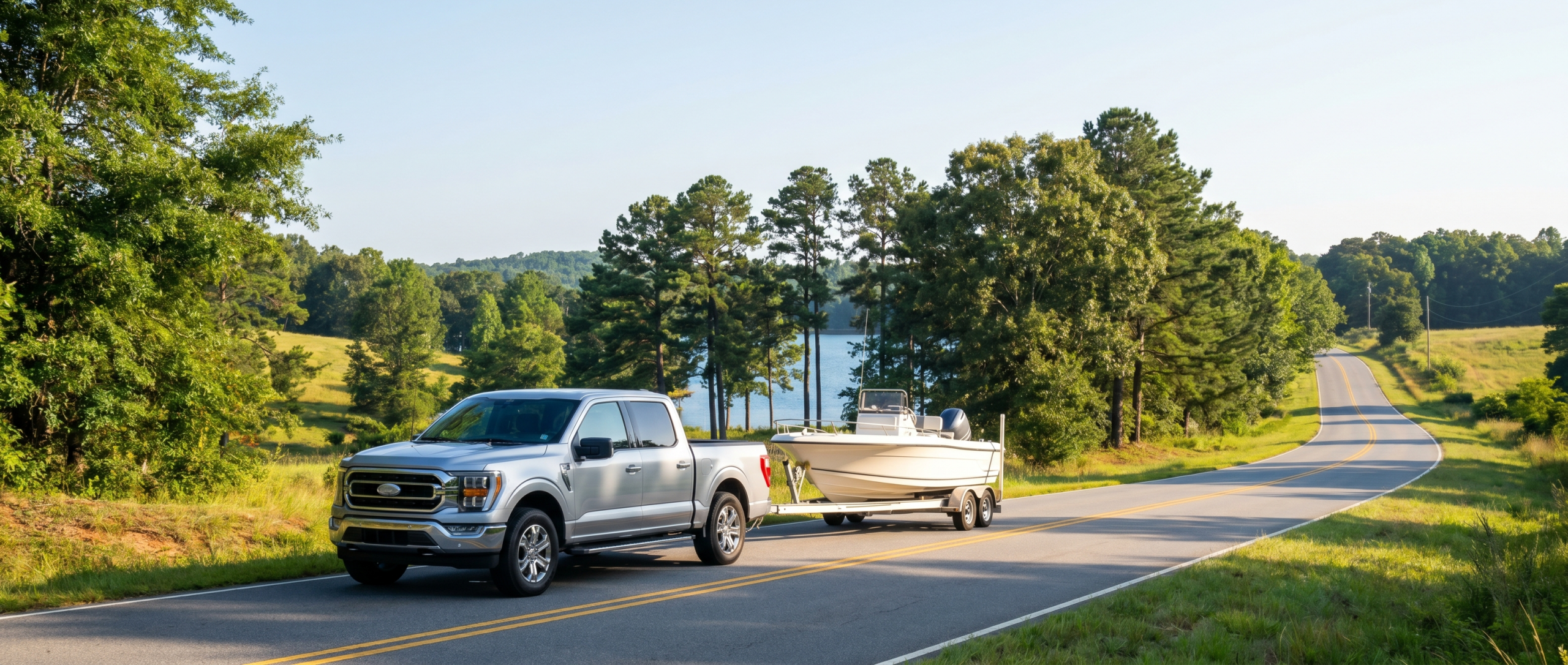 Ford F-150 towing a boat near Lake Keowee in Greer, SC on a sunny day