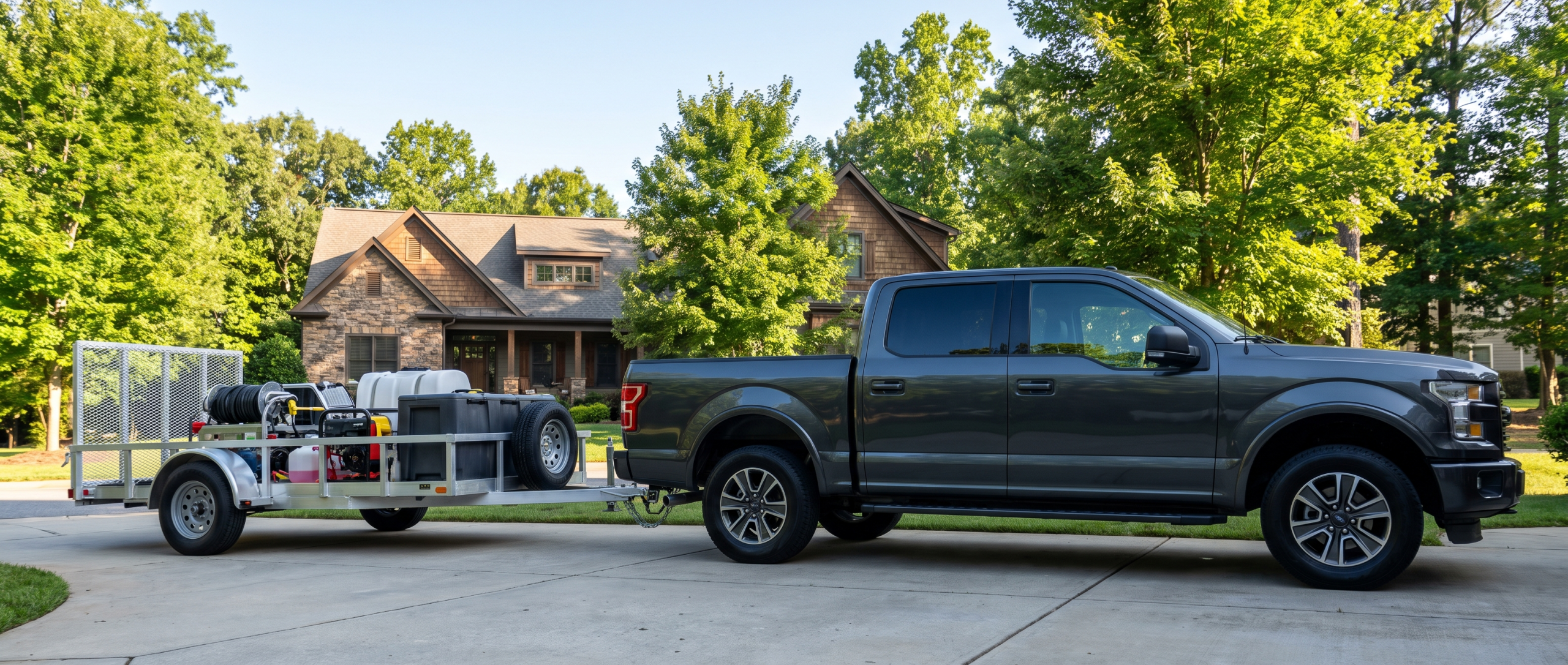 Ford F-150 work truck for pressure washing business in Greer, SC with trailer hitch and equipment setup