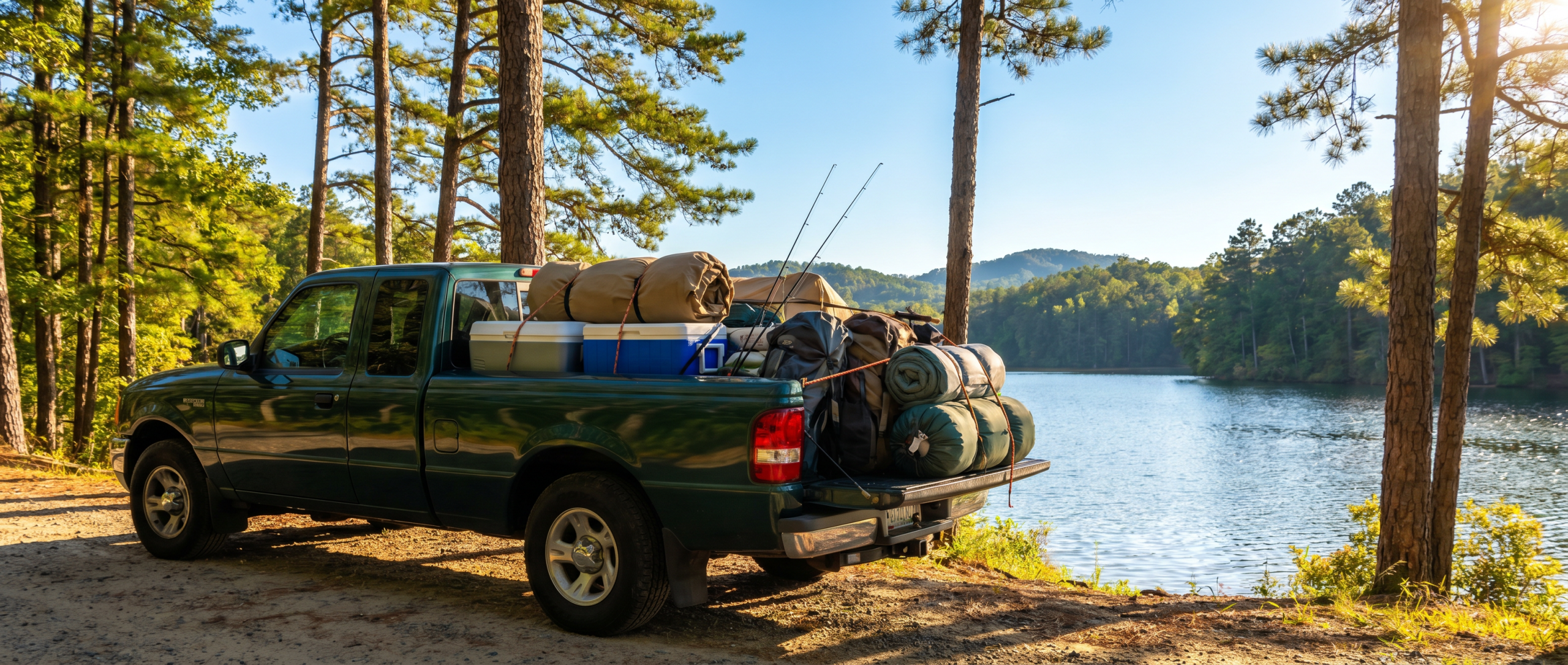 Ford Ranger loaded with summer gear near lake in Greer, SC ready for outdoor adventure