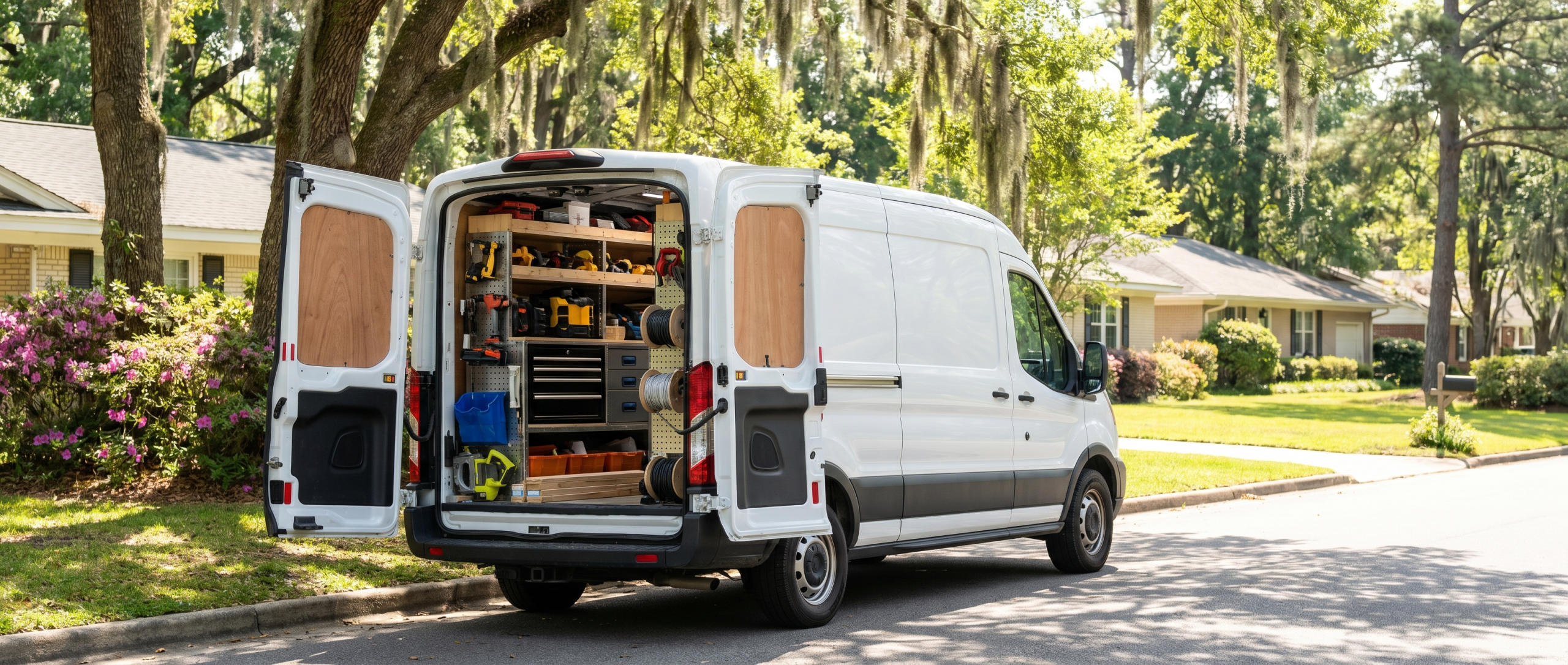 Ford Transit commercial van loaded for summer service calls in Greer, SC Greenville County