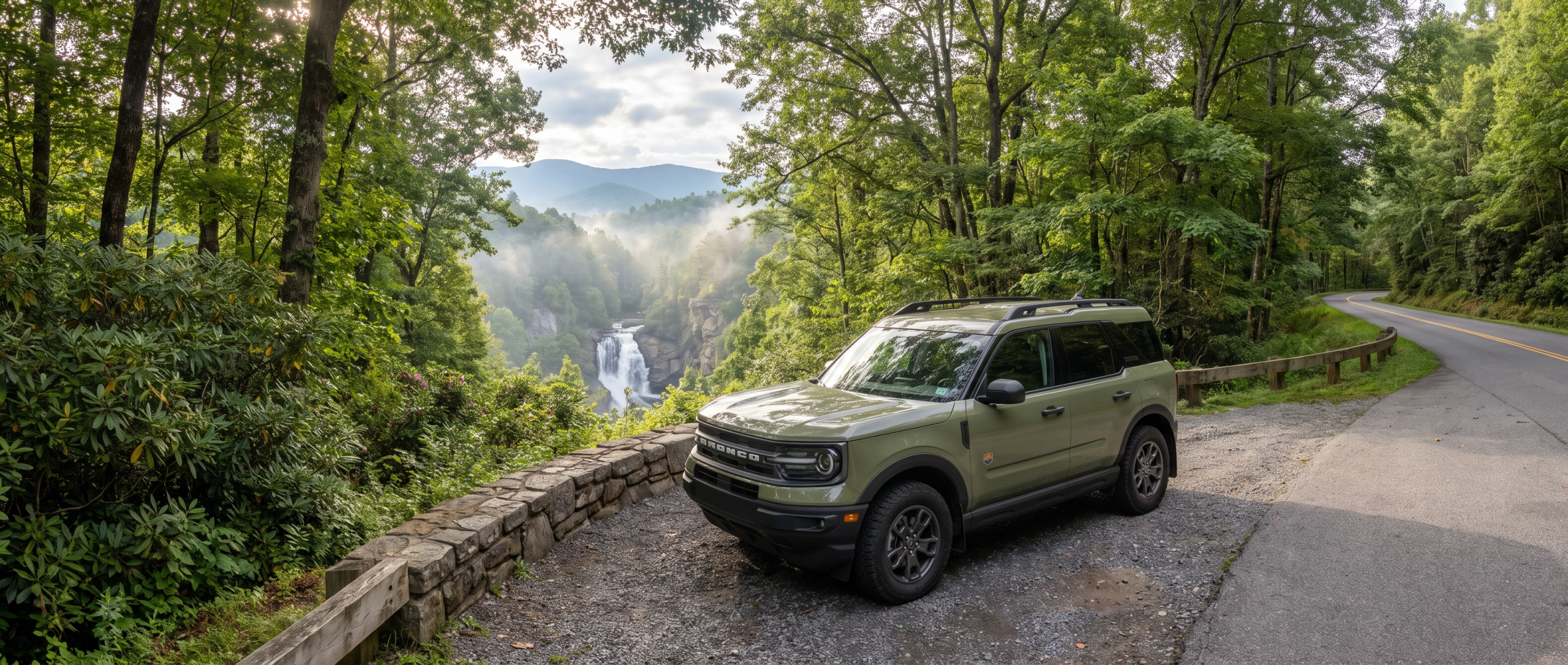 2026 Ford Bronco Sport parked at a Blue Ridge mountain overlook near Caesars Head State Park in Upstate South Carolina