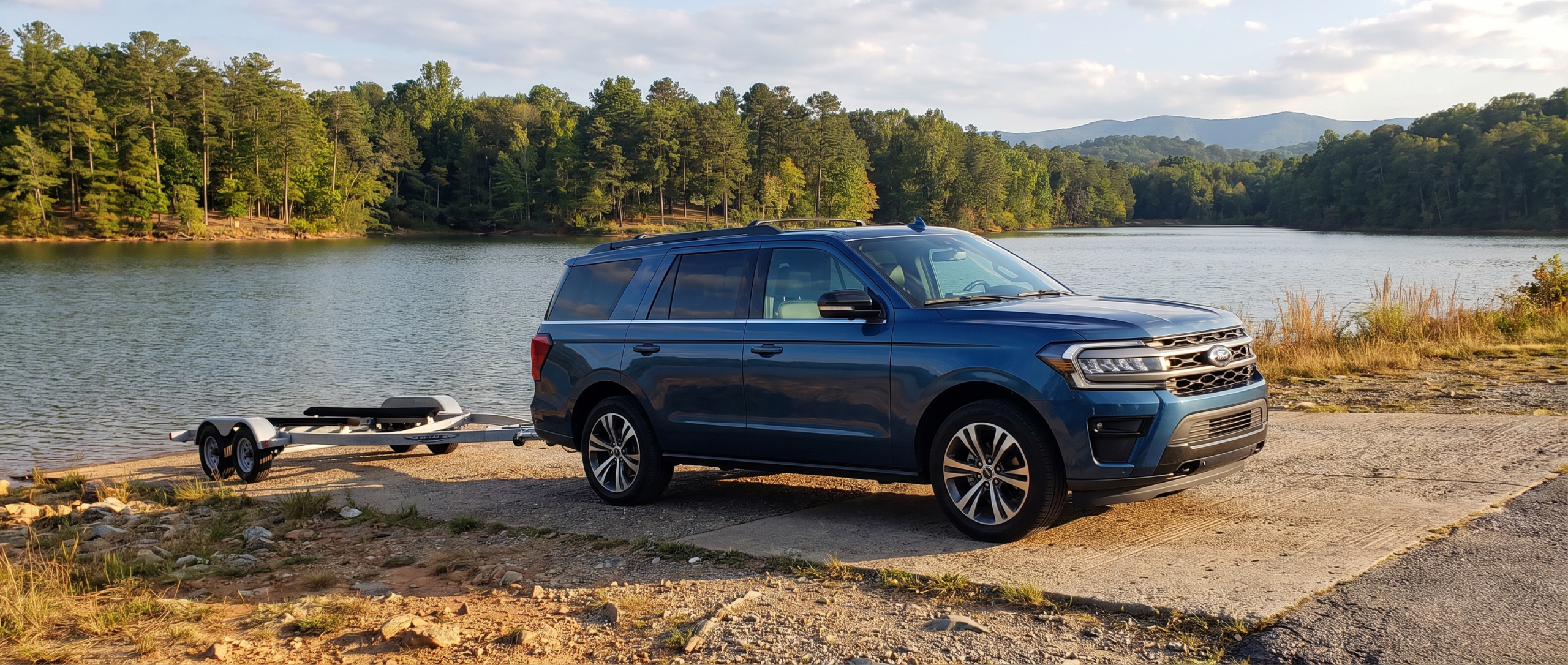 2026 Ford Expedition with boat trailer at an Upstate South Carolina lake ramp, summer afternoon