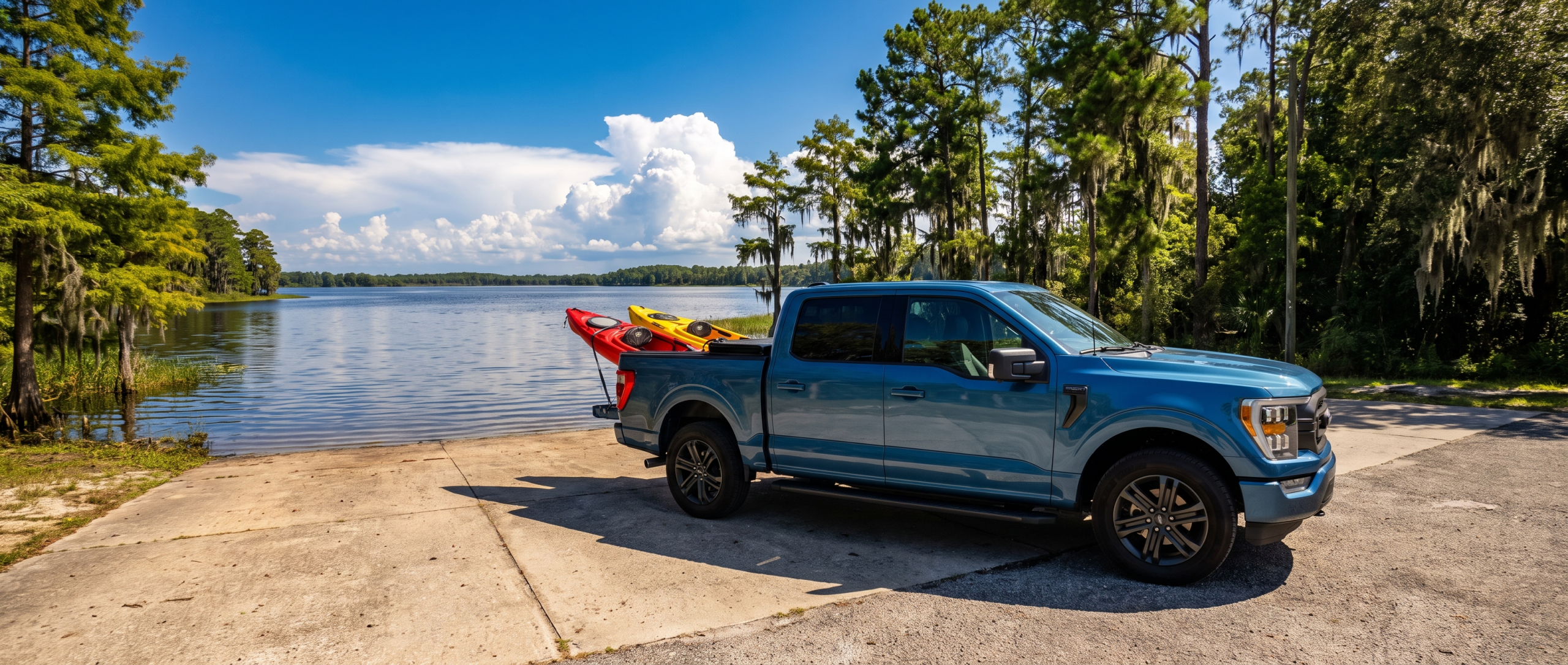 2026 Ford F-150 with tonneau cover loaded with kayaks at a South Carolina lake on a summer day