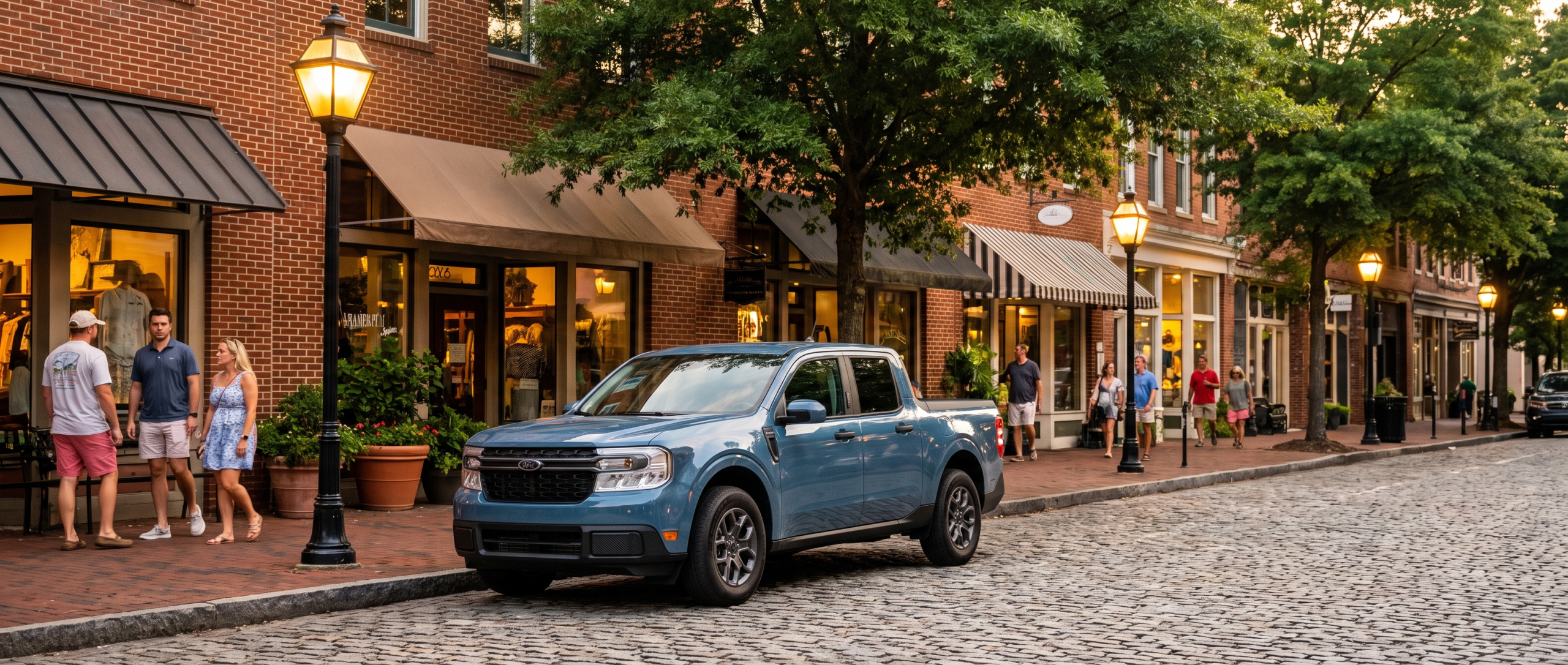 2026 Ford Maverick parked on a downtown Greenville SC street on a summer evening