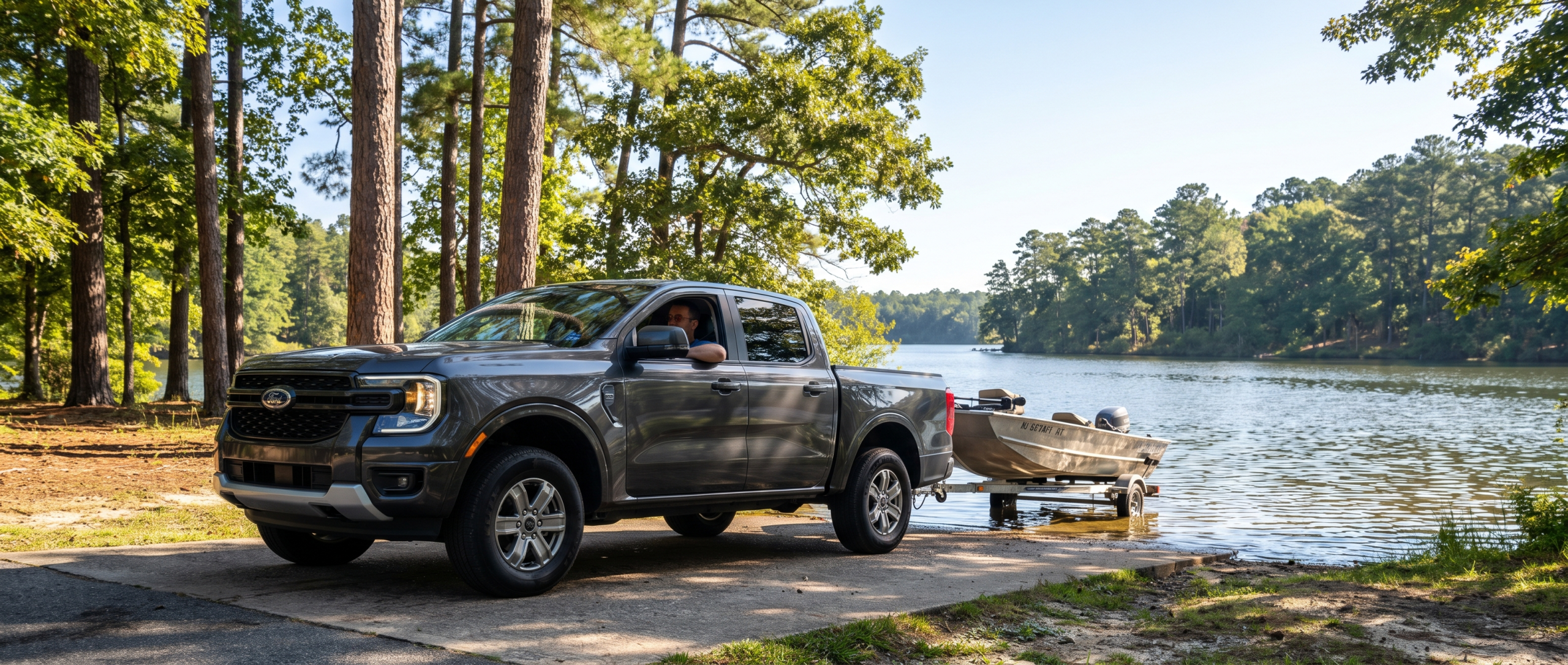 2026 Ford Ranger towing a fishing boat at Lake Robinson boat ramp near Greer SC on a summer morning