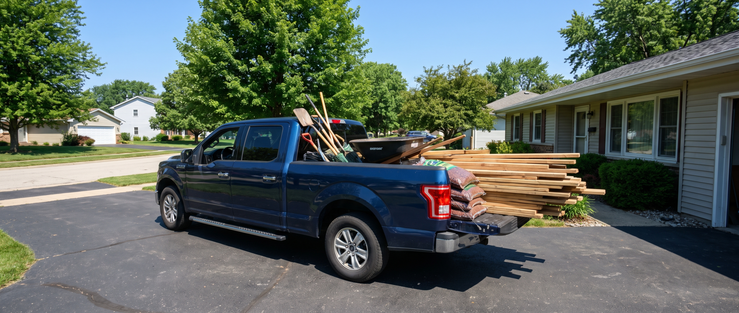 Ford F-150 loaded with home project supplies parked in a residential driveway in Greer, SC