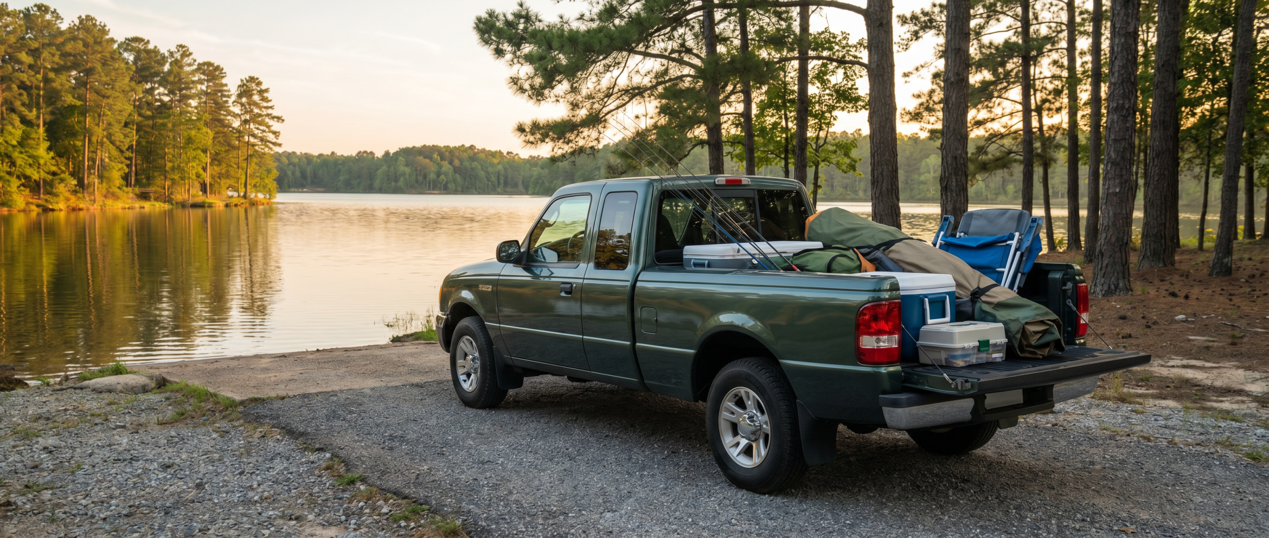 Ford Ranger at Lake Bowen in Greer SC loaded for a weekend adventure with kayaks and camping gear
