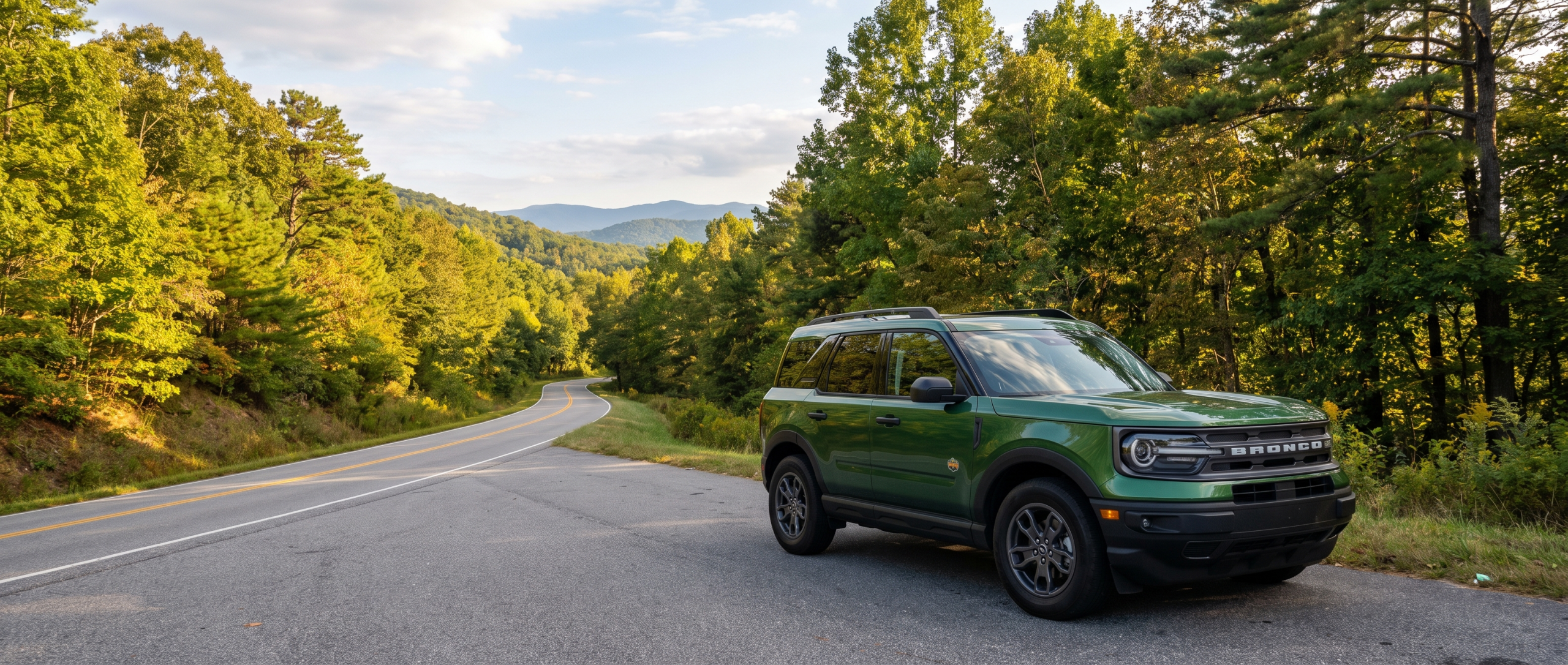 2026 Ford Bronco Sport on a winding Blue Ridge foothills road near North Greenville University in Tigerville, SC