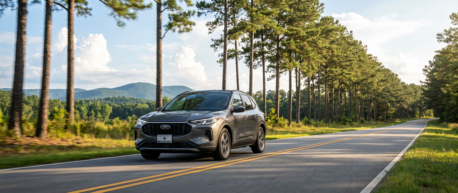 2026 Ford Escape driving a tree-lined two-lane road near Paris Mountain State Park in Greer, SC on a summer morning