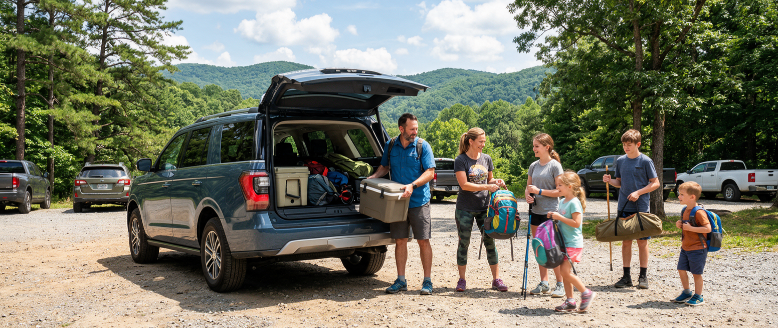 2026 Ford Expedition with rear Split Gate open, family loading gear for a day trip in the South Carolina foothills
