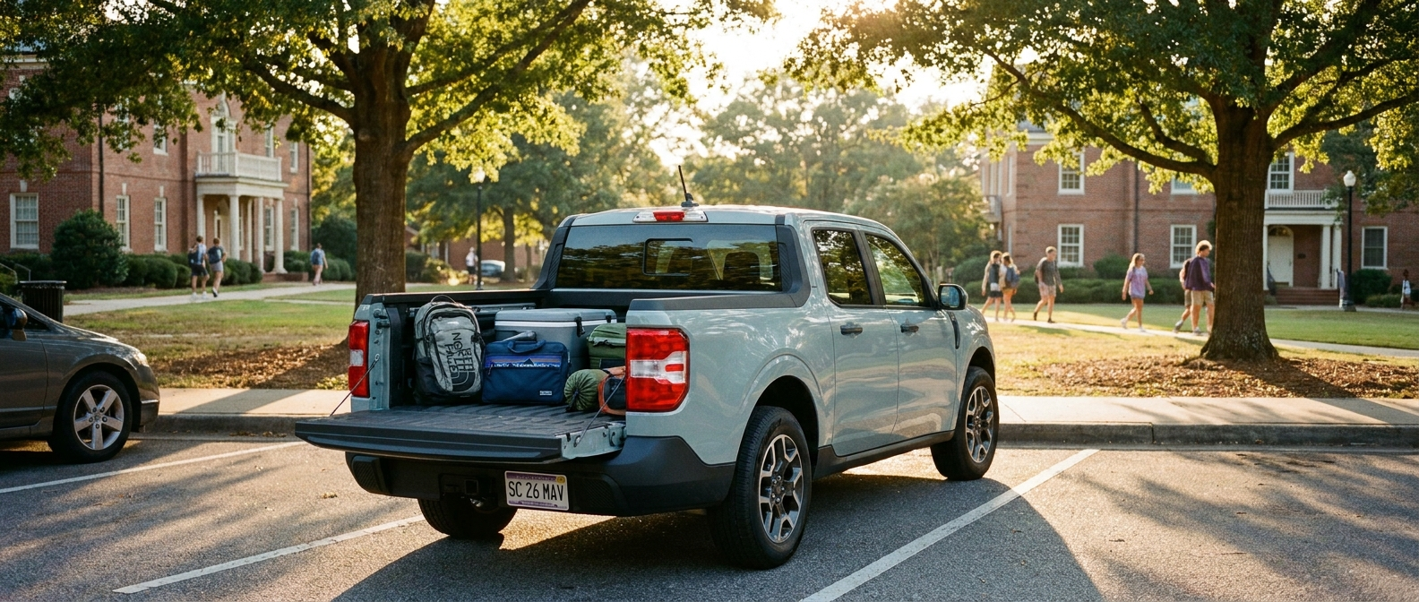 2026 Ford Maverick truck bed and cab storage setup for students and commuters in Greer, SC
