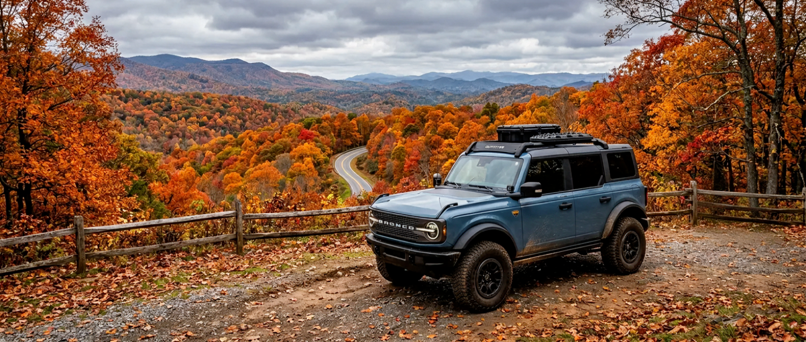 2026 Ford Bronco Badlands four-door at a fall foothills trailhead in Upstate South Carolina
