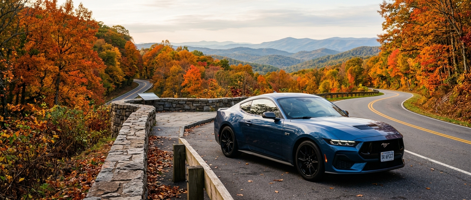 2026 Ford Mustang GT Fastback on Cherokee Foothills Scenic Highway in autumn foliage, Upstate South Carolina